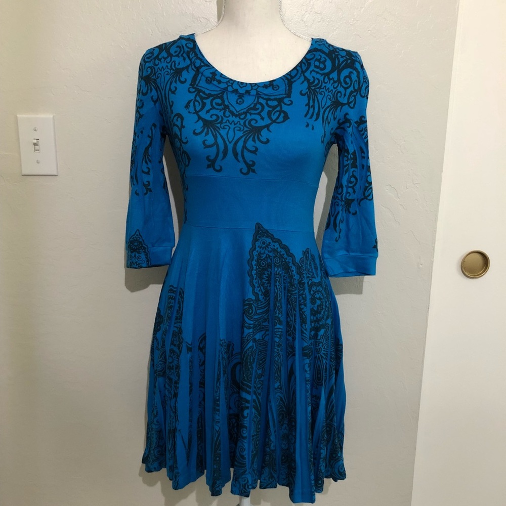 Papillon Damask 3/4 Sleeve Dress - teal, small NWT